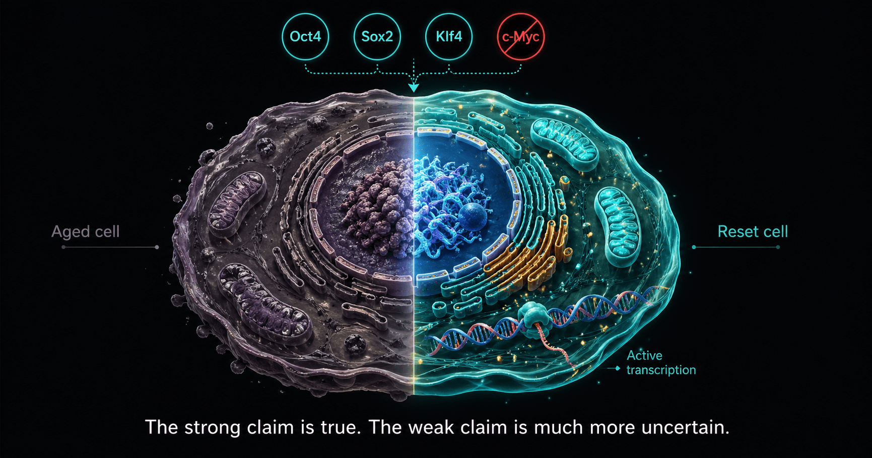 A biological cell in cross-section with one half aged and faded and the other half rejuvenated and vibrant, with Yamanaka factor labels above